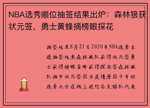 NBA选秀顺位抽签结果出炉：森林狼获状元签，勇士黄蜂摘榜眼探花